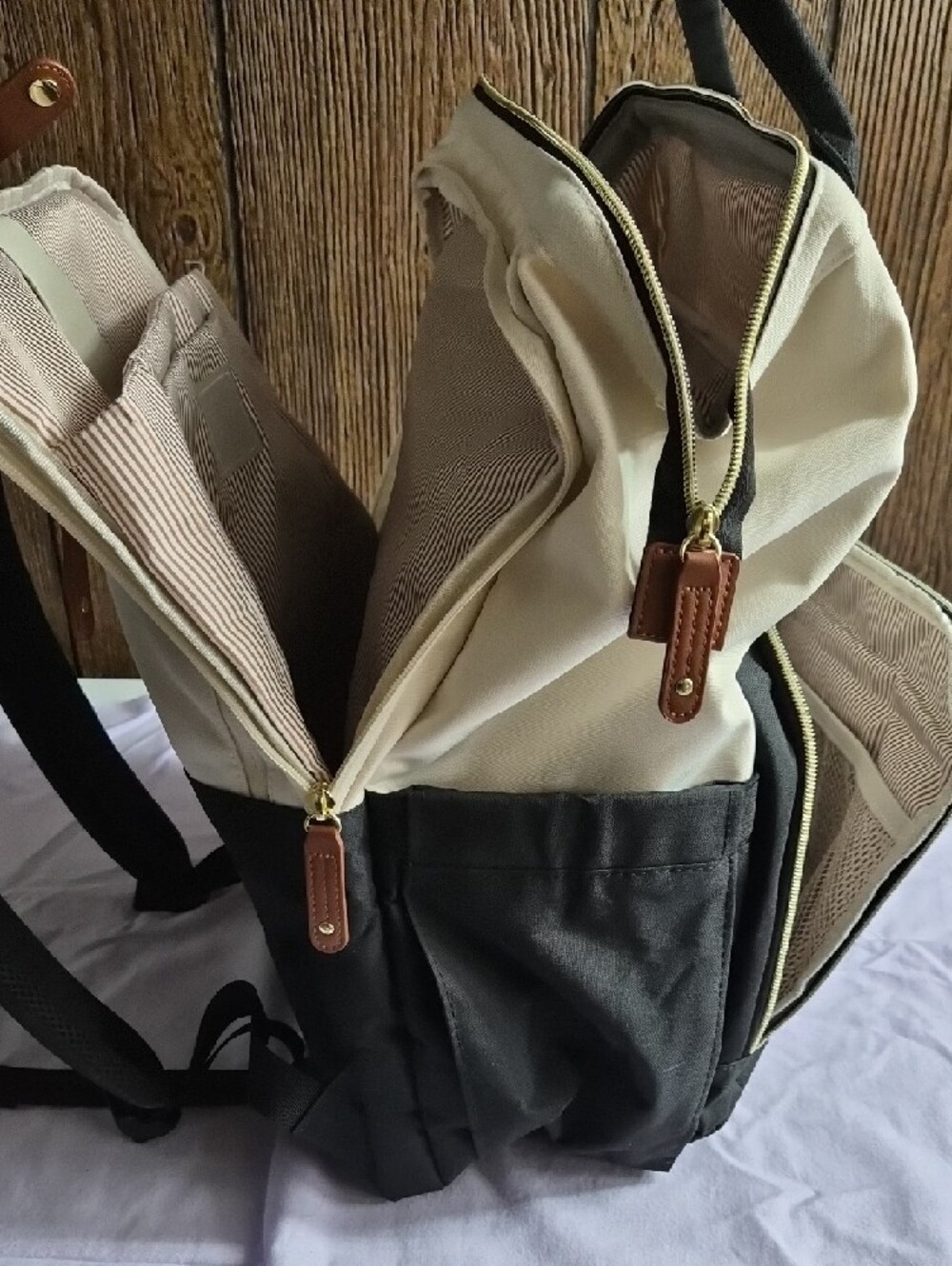 Quilted Black & Cream Canvas Backpack with Brown Trim XL - Picture 2 of 11